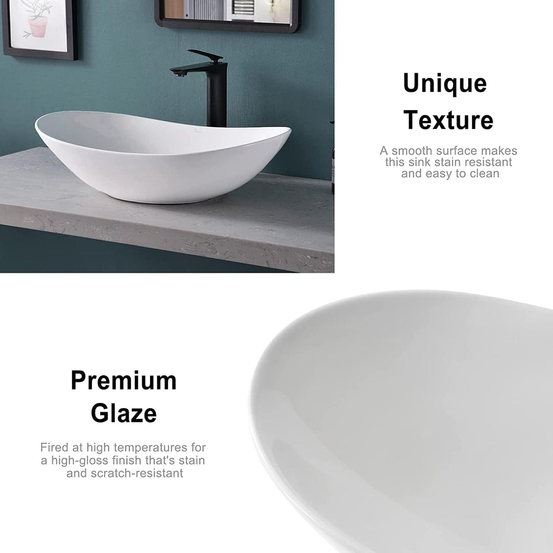 Davivy Oval Bathroom Vessel Sink – 16.1x13.4 Inch Ceramic Basin With Black Trim And Pop-Up Drain