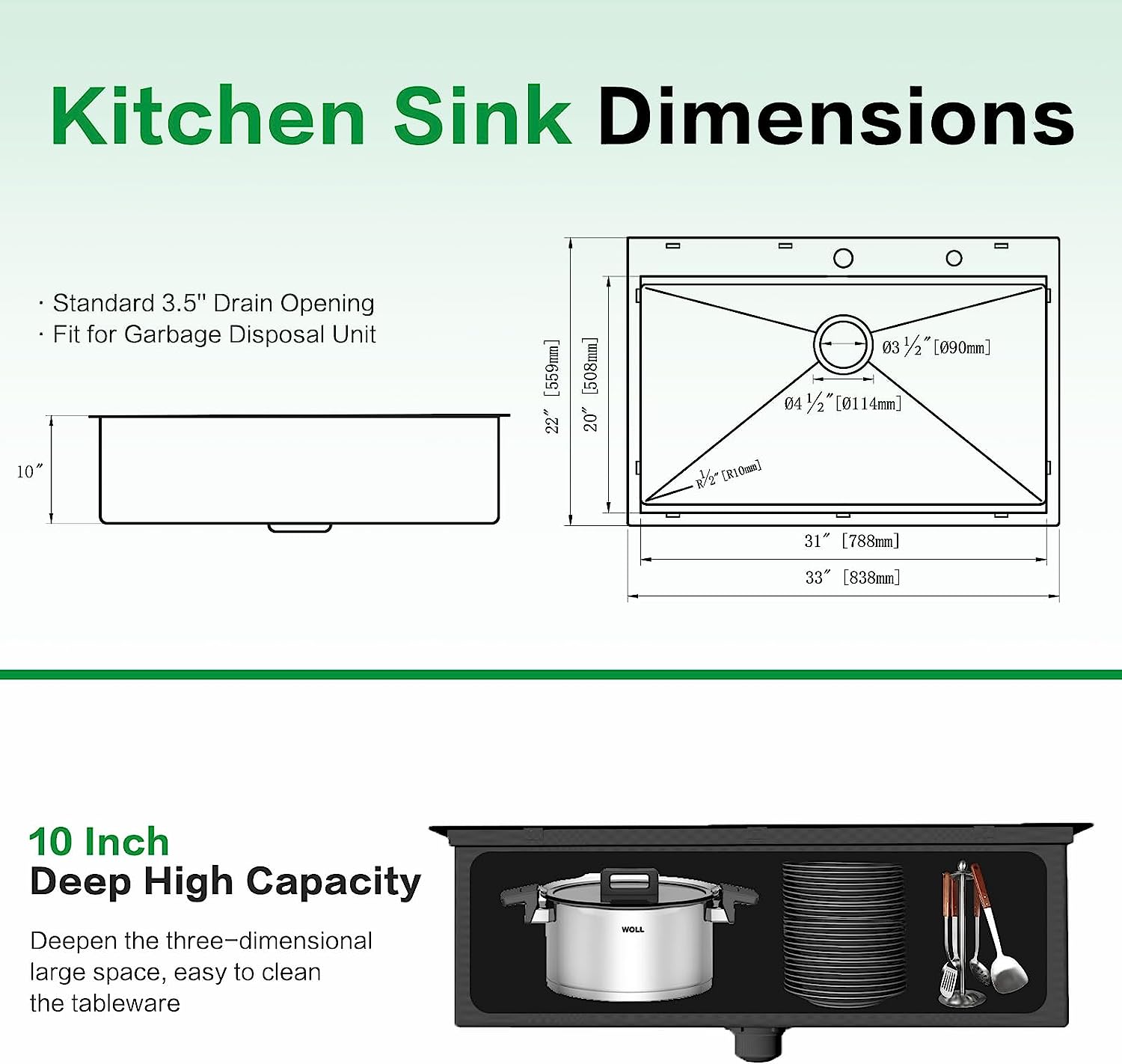 Davivy 33 x 22 x 10 Inch Drop in Kitchen Sink Stainless Steel Handmade