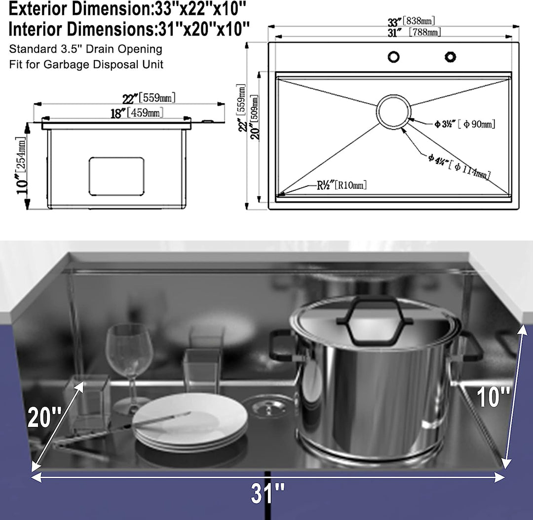Davivy 33 x 22 x 10 Inch Drop in Kitchen Sink 16 Gauge Stainless Steel